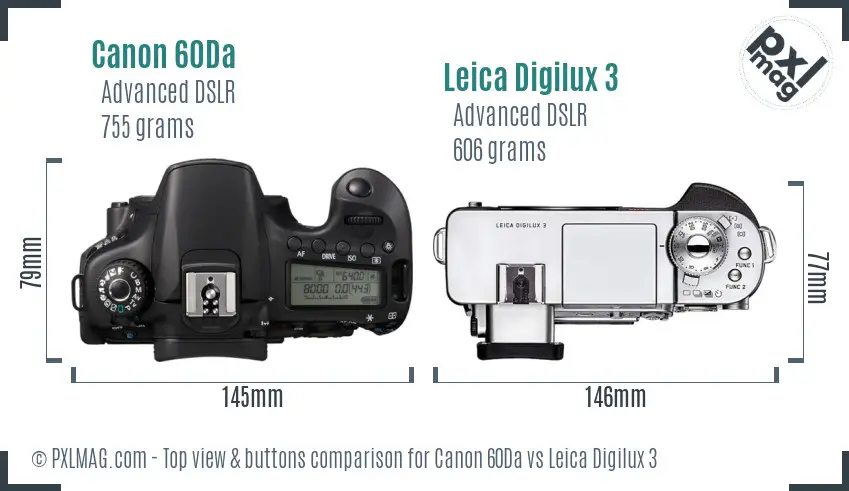 Canon 60Da vs Leica Digilux 3 top view buttons comparison