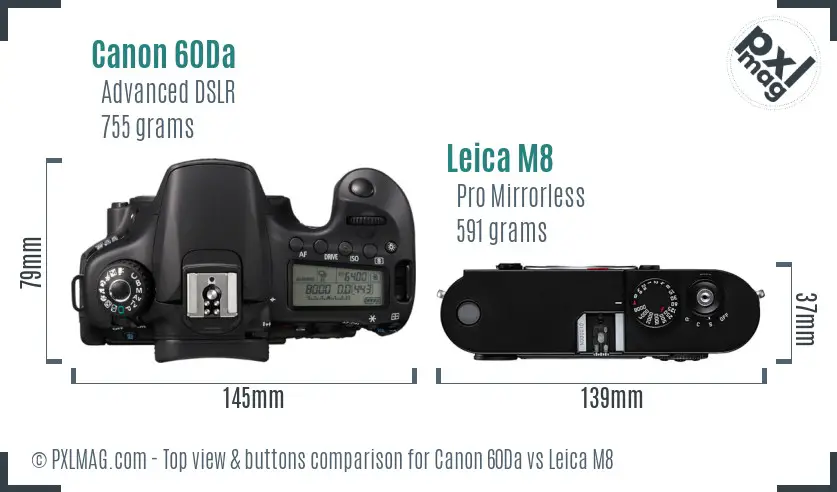 Canon 60Da vs Leica M8 top view buttons comparison