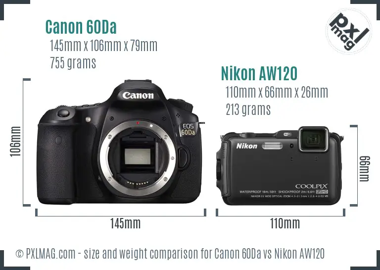 Canon 60Da vs Nikon AW120 size comparison