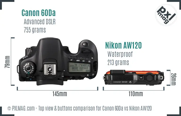 Canon 60Da vs Nikon AW120 top view buttons comparison