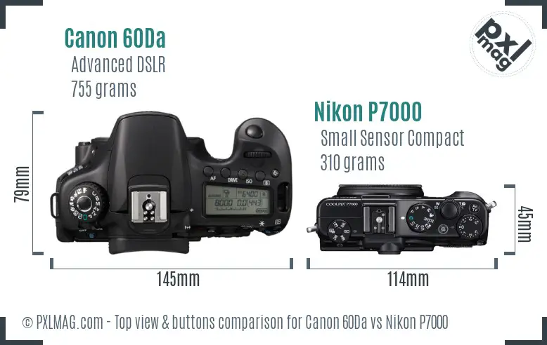 Canon 60Da vs Nikon P7000 top view buttons comparison