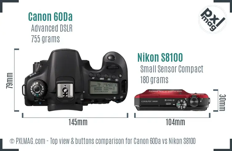 Canon 60Da vs Nikon S8100 top view buttons comparison