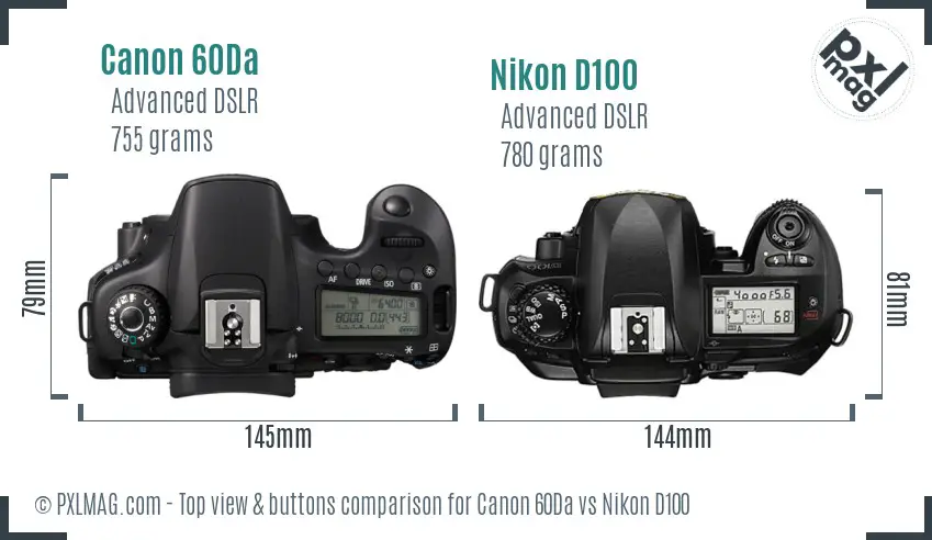 Canon 60Da vs Nikon D100 top view buttons comparison