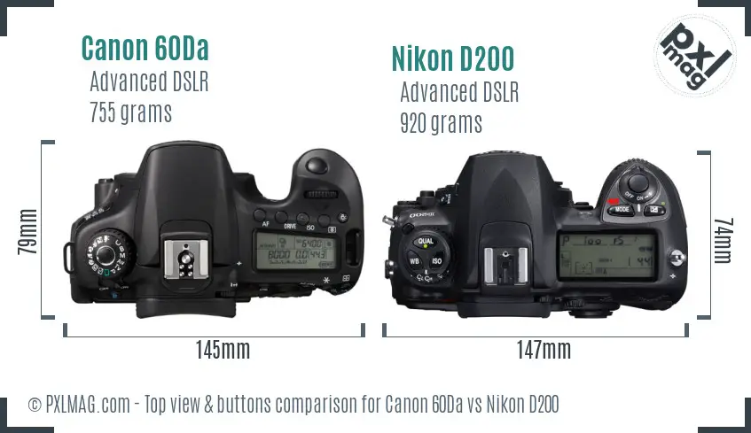 Canon 60Da vs Nikon D200 top view buttons comparison