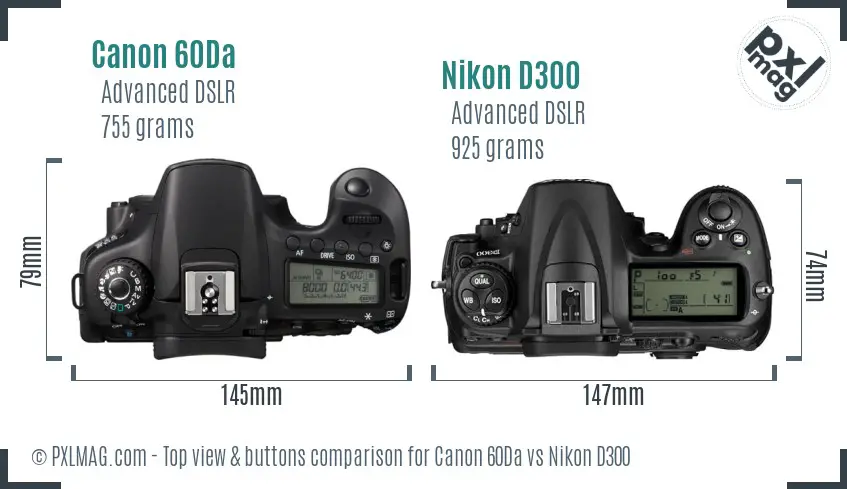 Canon 60Da vs Nikon D300 top view buttons comparison