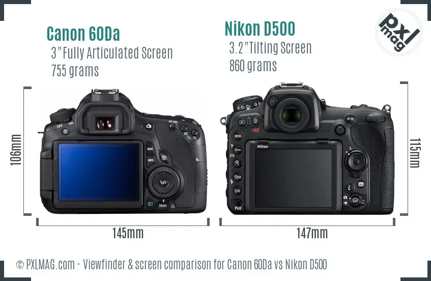 Canon 60Da vs Nikon D500 Screen and Viewfinder comparison