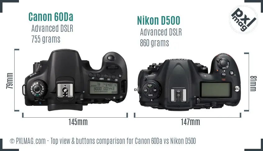 Canon 60Da vs Nikon D500 top view buttons comparison