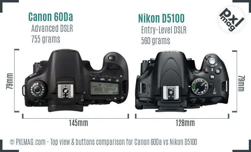 Canon 60Da vs Nikon D5100 top view buttons comparison