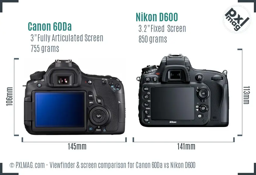 Canon 60Da vs Nikon D600 Screen and Viewfinder comparison