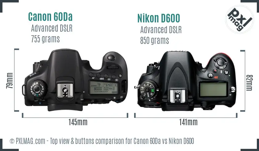 Canon 60Da vs Nikon D600 top view buttons comparison