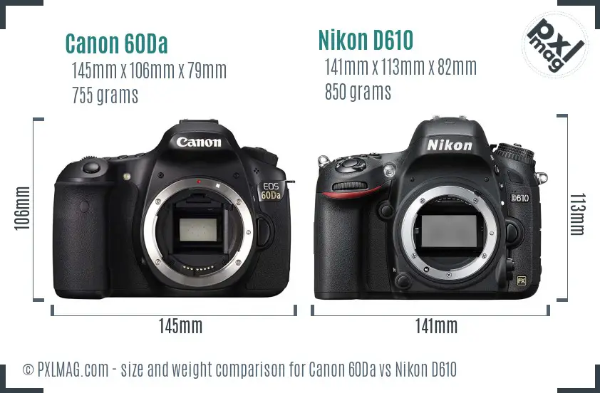 Canon 60Da vs Nikon D610 size comparison