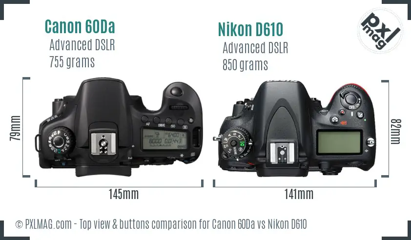 Canon 60Da vs Nikon D610 top view buttons comparison