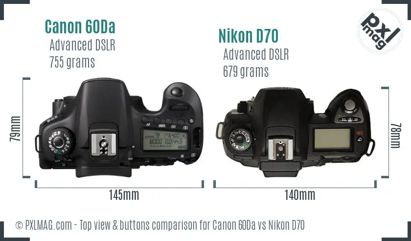 Canon 60Da vs Nikon D70 top view buttons comparison