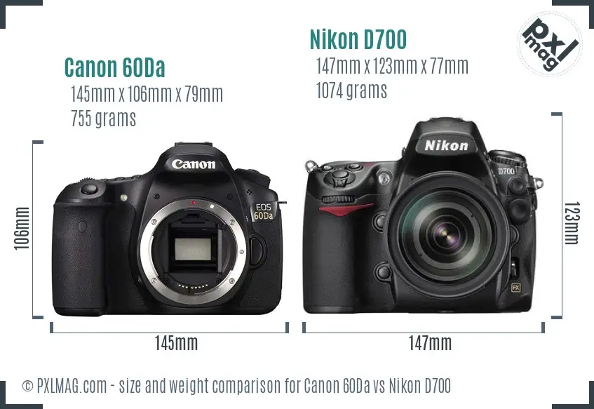 Canon 60Da vs Nikon D700 size comparison