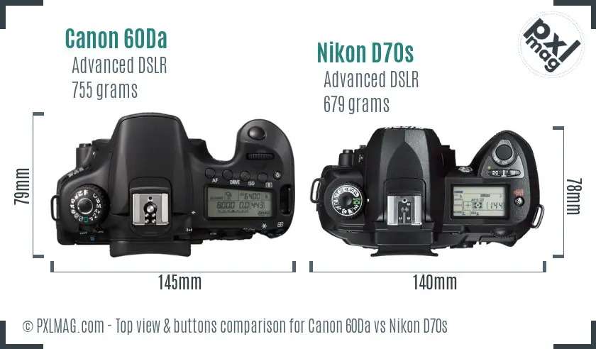 Canon 60Da vs Nikon D70s top view buttons comparison
