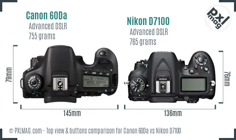 Canon 60Da vs Nikon D7100 top view buttons comparison