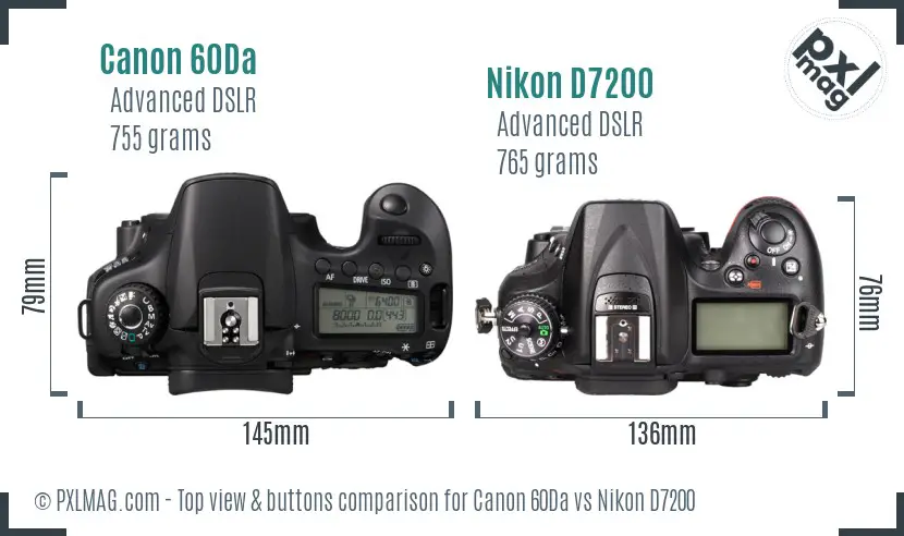 Canon 60Da vs Nikon D7200 top view buttons comparison