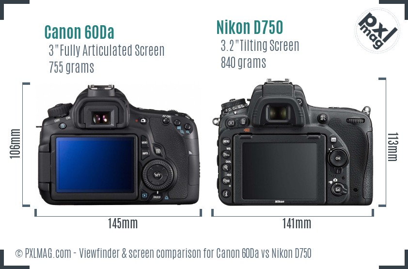 Canon 60Da vs Nikon D750 Screen and Viewfinder comparison