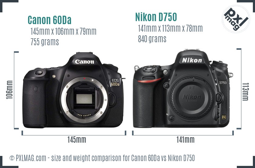 Canon 60Da vs Nikon D750 size comparison
