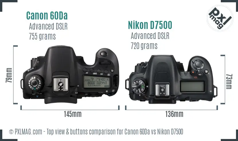 Canon 60Da vs Nikon D7500 top view buttons comparison