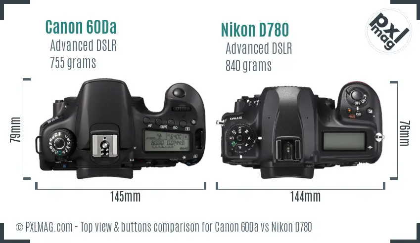 Canon 60Da vs Nikon D780 top view buttons comparison