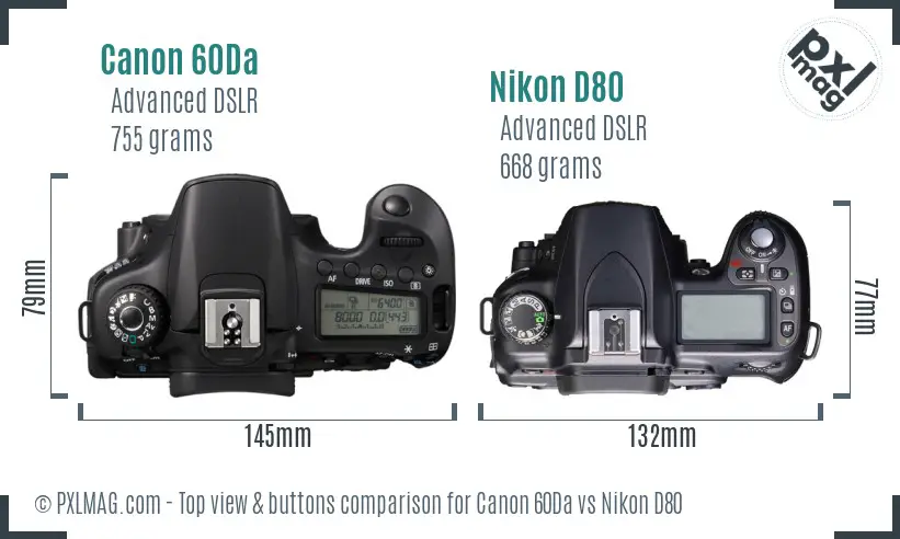 Canon 60Da vs Nikon D80 top view buttons comparison