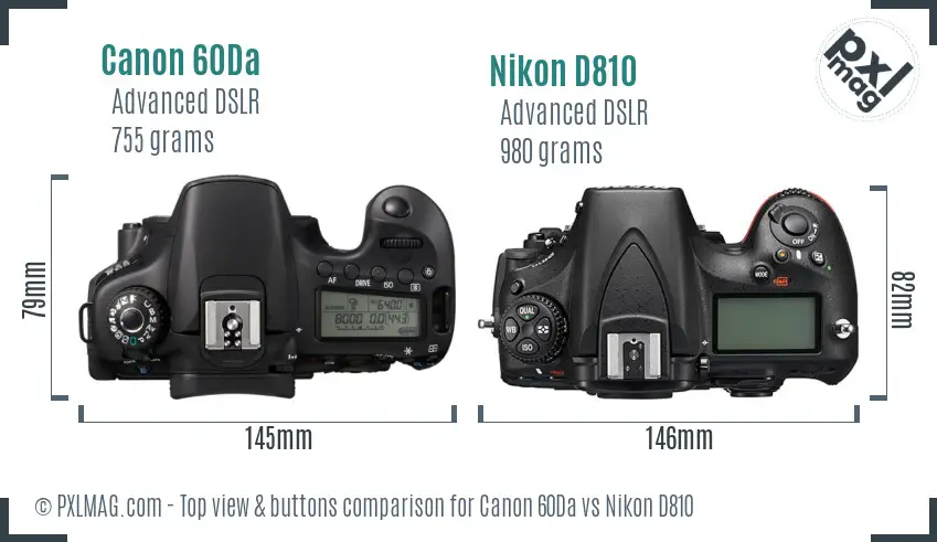 Canon 60Da vs Nikon D810 top view buttons comparison