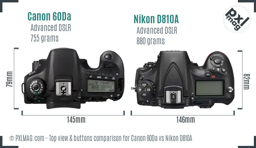 Canon 60Da vs Nikon D810A top view buttons comparison