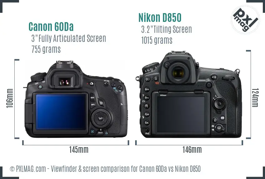 Canon 60Da vs Nikon D850 Screen and Viewfinder comparison