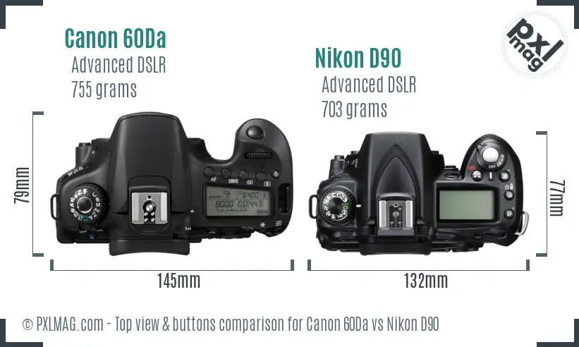 Canon 60Da vs Nikon D90 top view buttons comparison