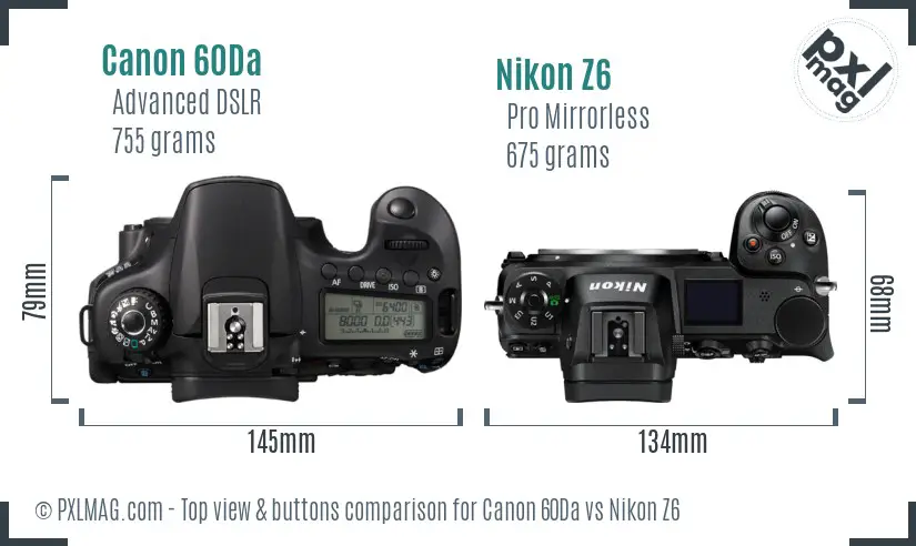 Canon 60Da vs Nikon Z6 top view buttons comparison