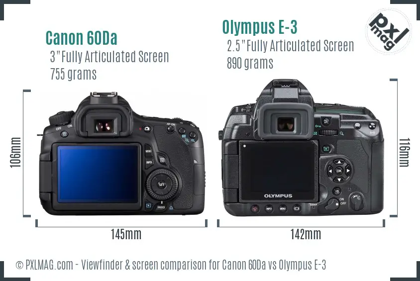 Canon 60Da vs Olympus E-3 Screen and Viewfinder comparison