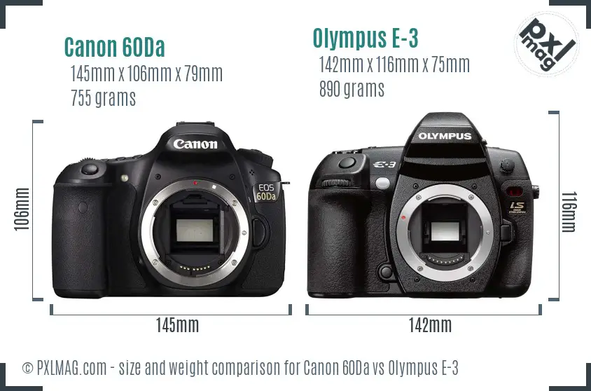 Canon 60Da vs Olympus E-3 size comparison