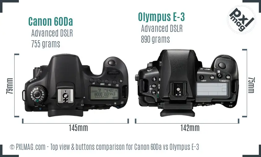 Canon 60Da vs Olympus E-3 top view buttons comparison