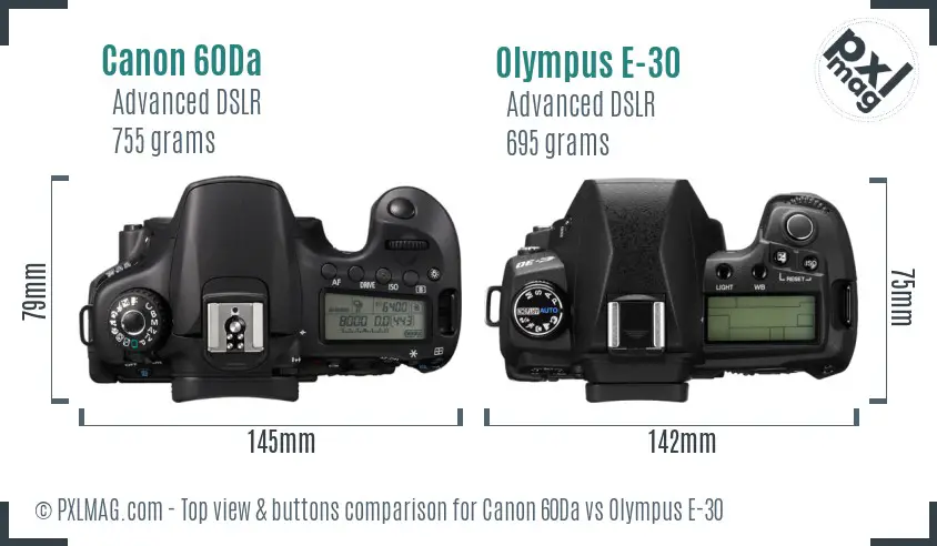 Canon 60Da vs Olympus E-30 top view buttons comparison