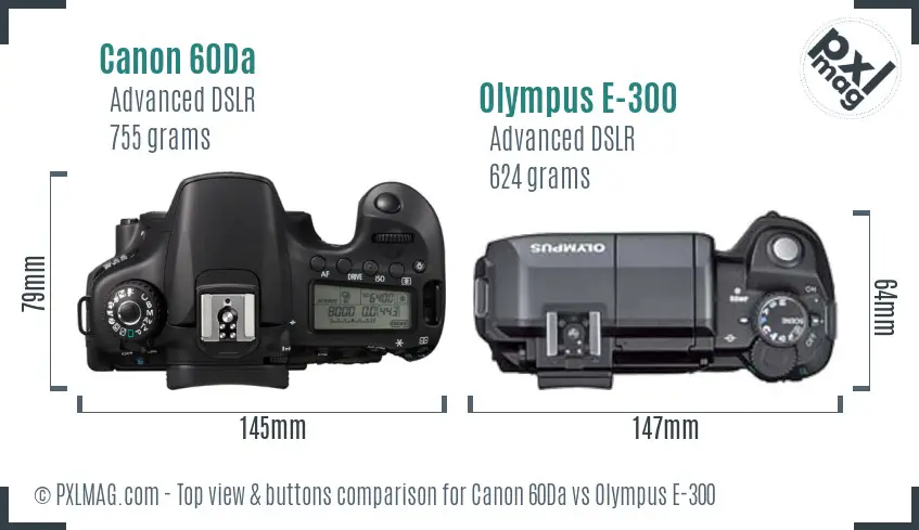 Canon 60Da vs Olympus E-300 top view buttons comparison