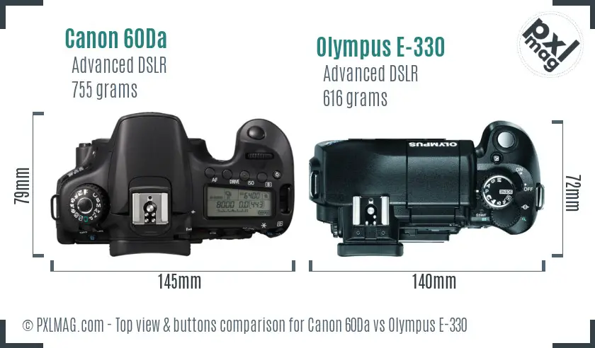 Canon 60Da vs Olympus E-330 top view buttons comparison