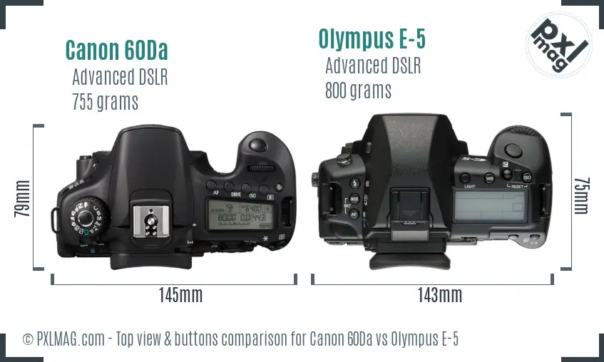 Canon 60Da vs Olympus E-5 top view buttons comparison