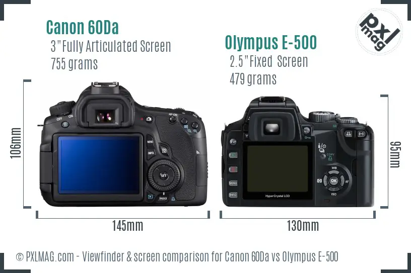 Canon 60Da vs Olympus E-500 Screen and Viewfinder comparison