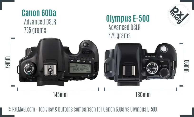 Canon 60Da vs Olympus E-500 top view buttons comparison
