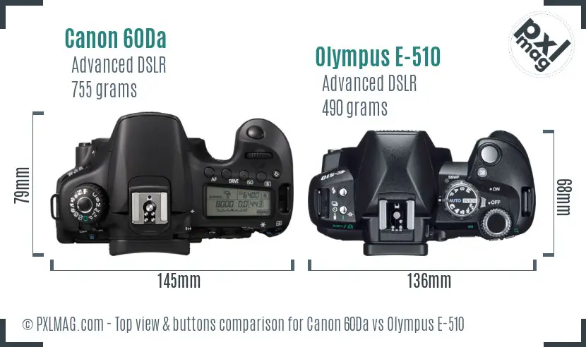 Canon 60Da vs Olympus E-510 top view buttons comparison