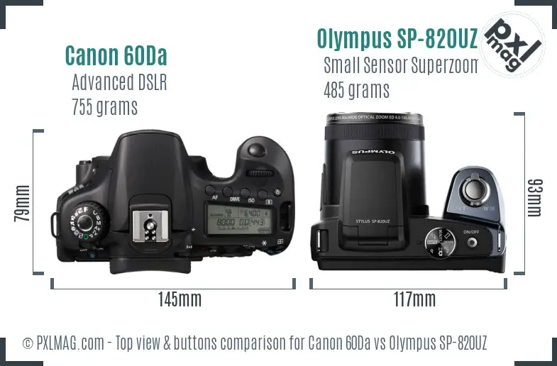 Canon 60Da vs Olympus SP-820UZ top view buttons comparison
