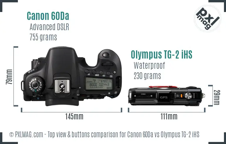 Canon 60Da vs Olympus TG-2 iHS top view buttons comparison