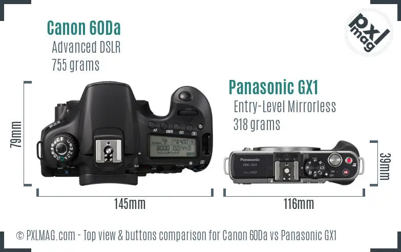 Canon 60Da vs Panasonic GX1 top view buttons comparison
