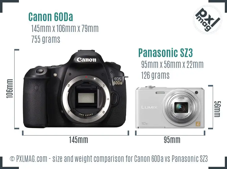 Canon 60Da vs Panasonic SZ3 size comparison