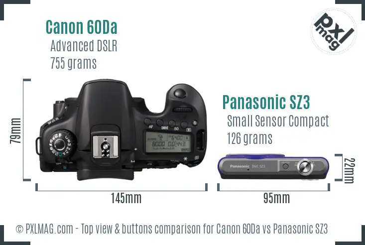 Canon 60Da vs Panasonic SZ3 top view buttons comparison