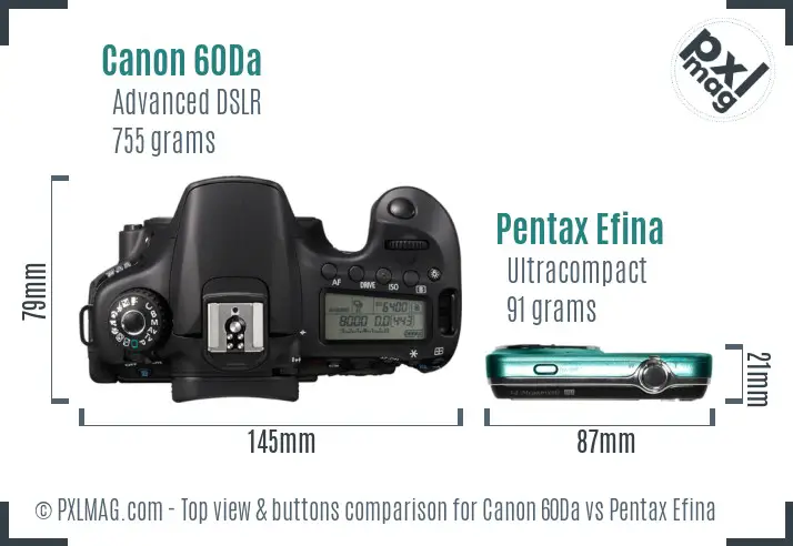 Canon 60Da vs Pentax Efina top view buttons comparison