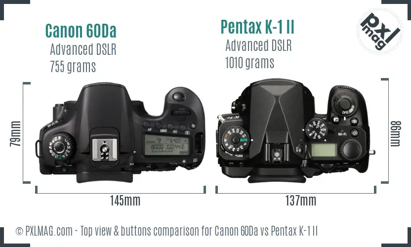 Canon 60Da vs Pentax K-1 II top view buttons comparison