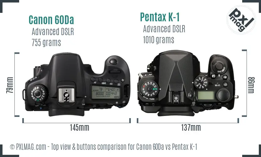 Canon 60Da vs Pentax K-1 top view buttons comparison