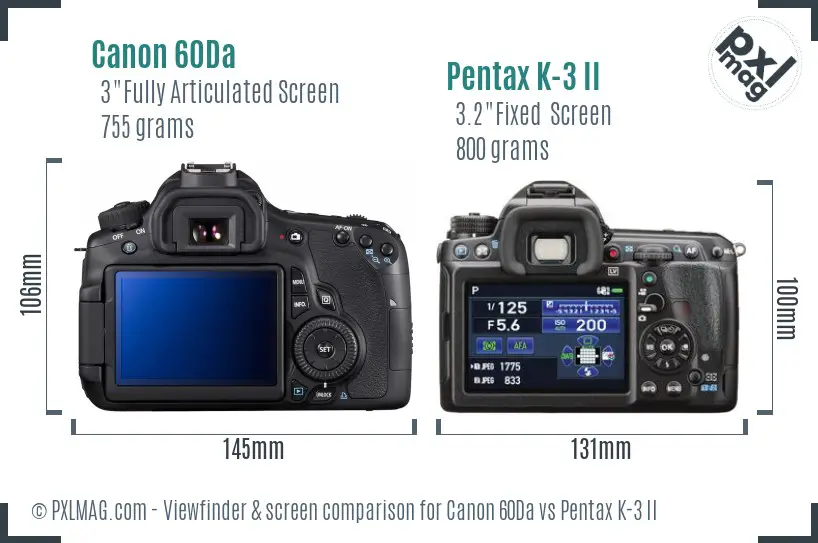 Canon 60Da vs Pentax K-3 II Screen and Viewfinder comparison